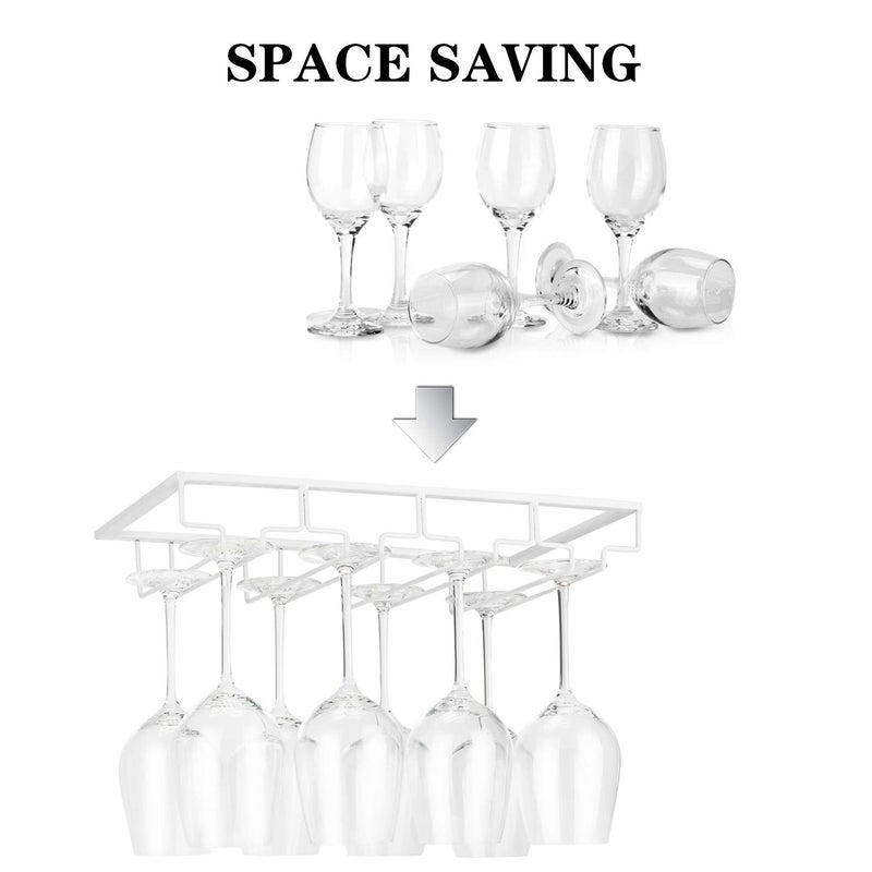 FOMANSH Wine Glass Rack - Under Cabinet Stemware Wine Glass Holder Glasses Storage Hanger 2 Pack Metal Organizer for Bar Kitchen 4 Rows White - Image 2